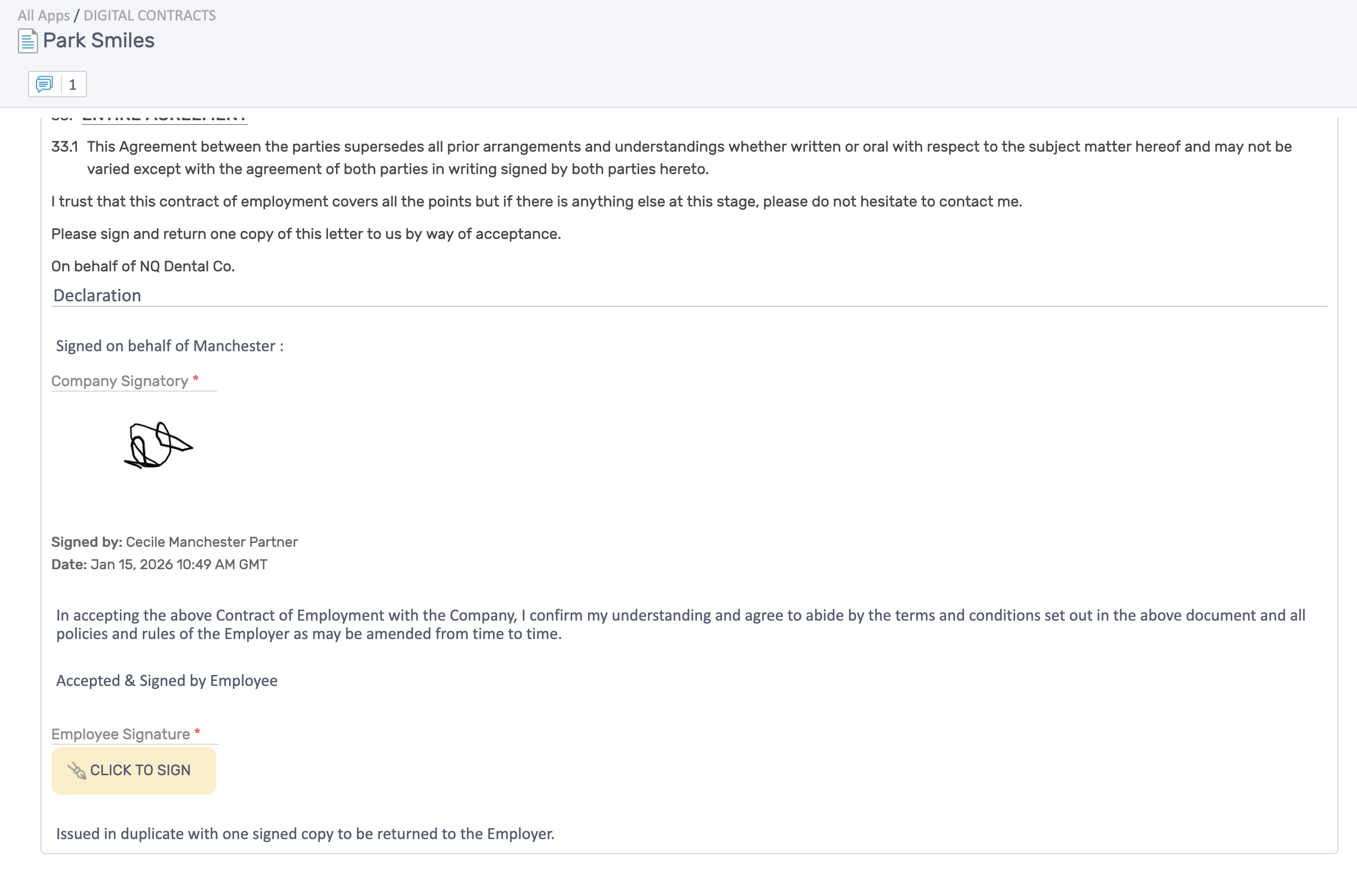 Digital contract e-signature form showing company signatory has signed and employee signature is pending