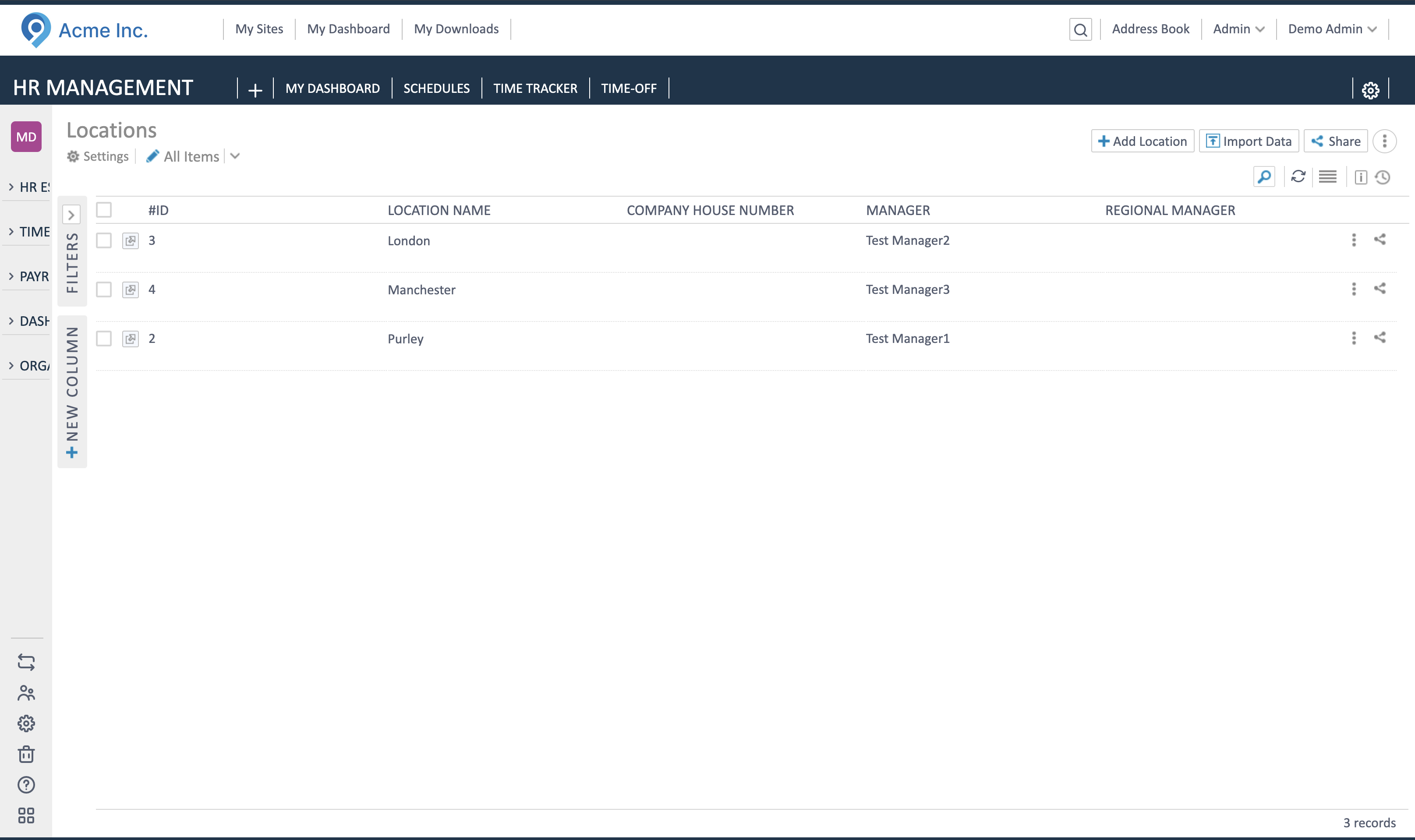 Locations list view showing existing locations