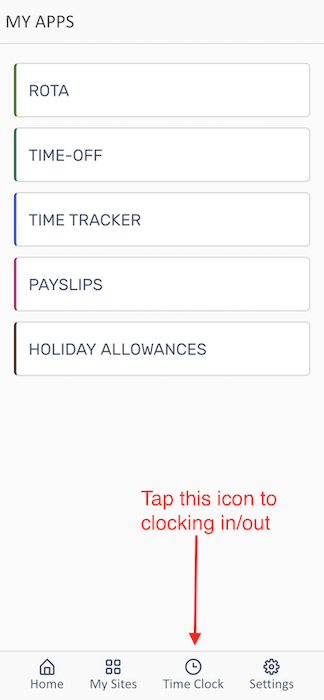 My Apps screen highlighting Time Clock icon