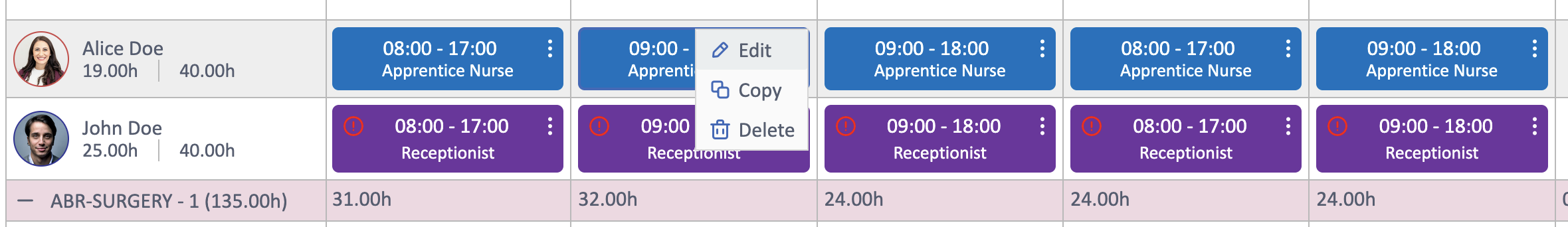 Quick edit options on a shift showing edit, copy, and delete actions.
