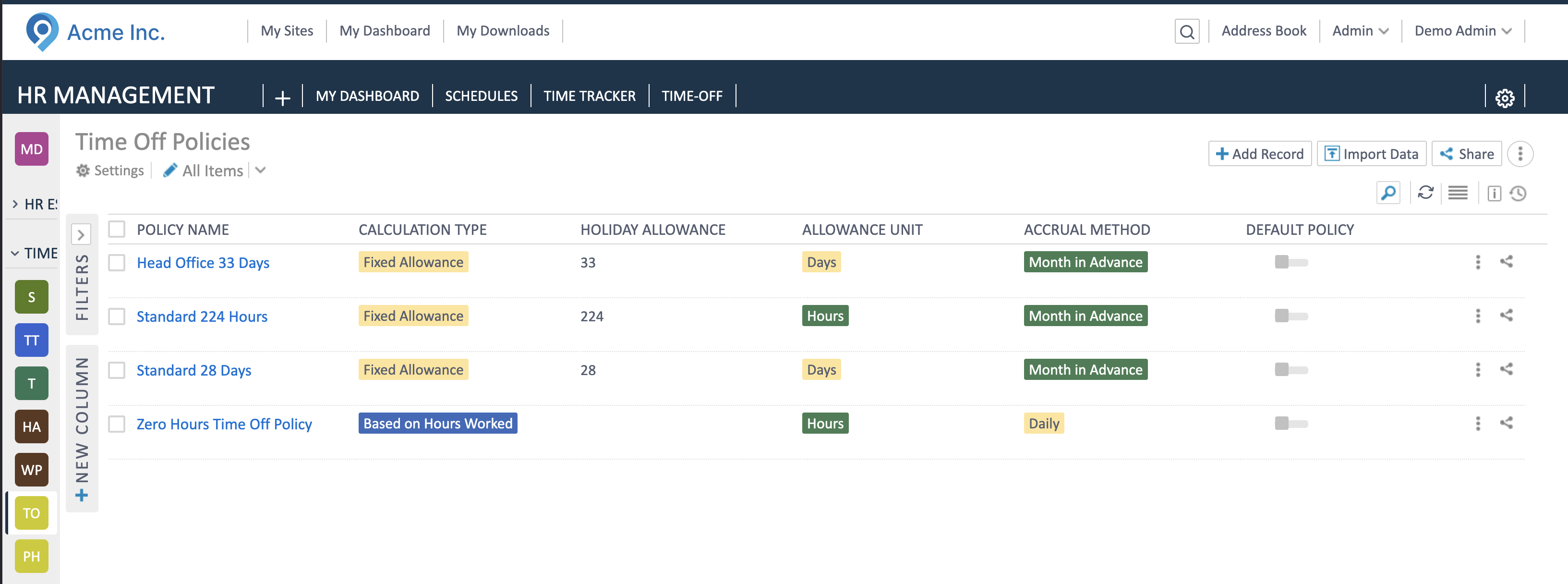 Time-Off Policies list