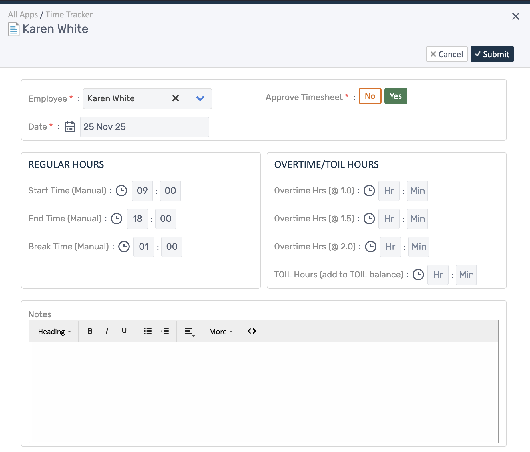 Timesheet entry form showing regular hours, overtime/TOIL, approval toggle, and notes.
