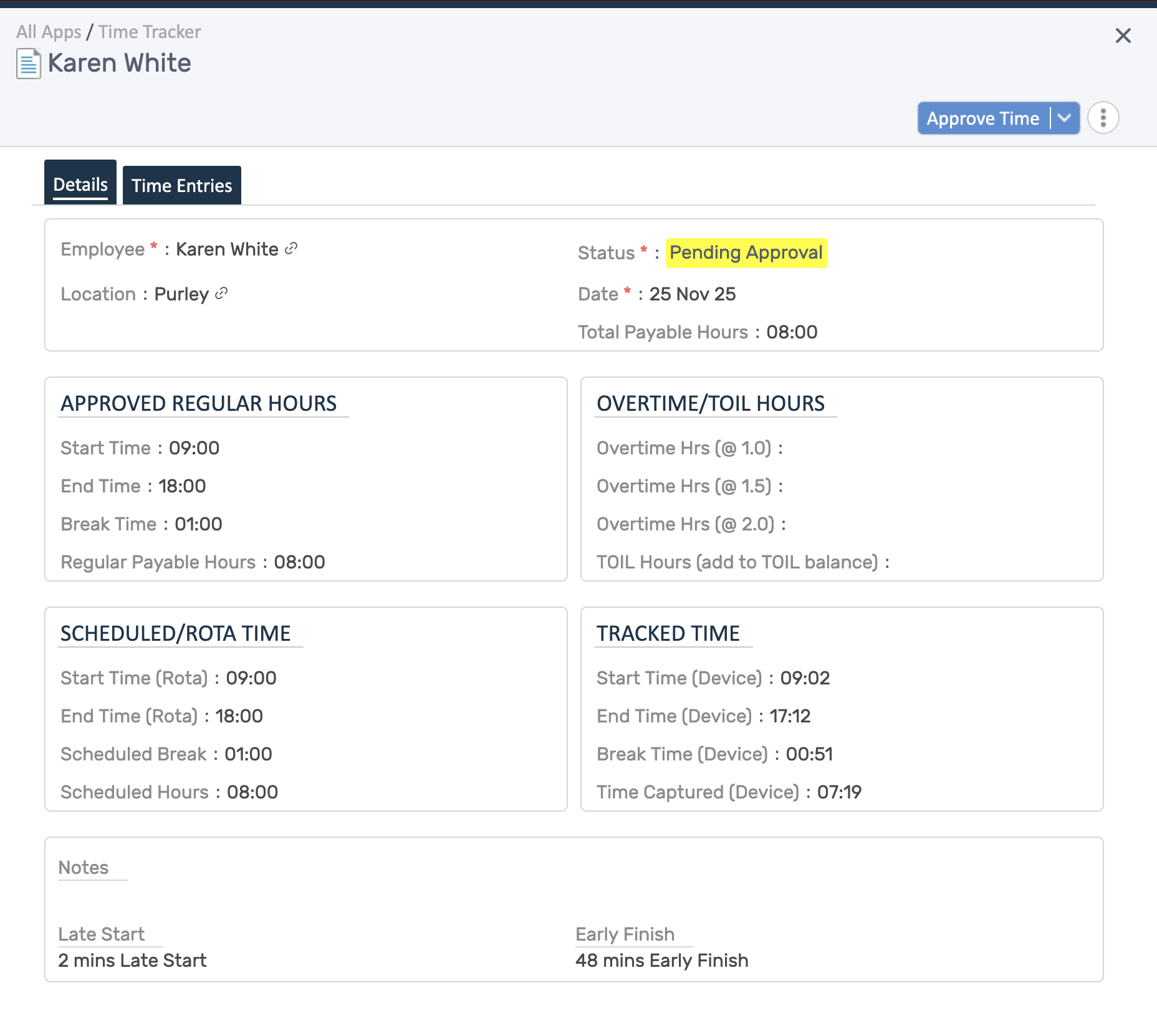 Timesheet detail view with approved regular hours, overtime/TOIL, scheduled time, tracked device time, and notes.